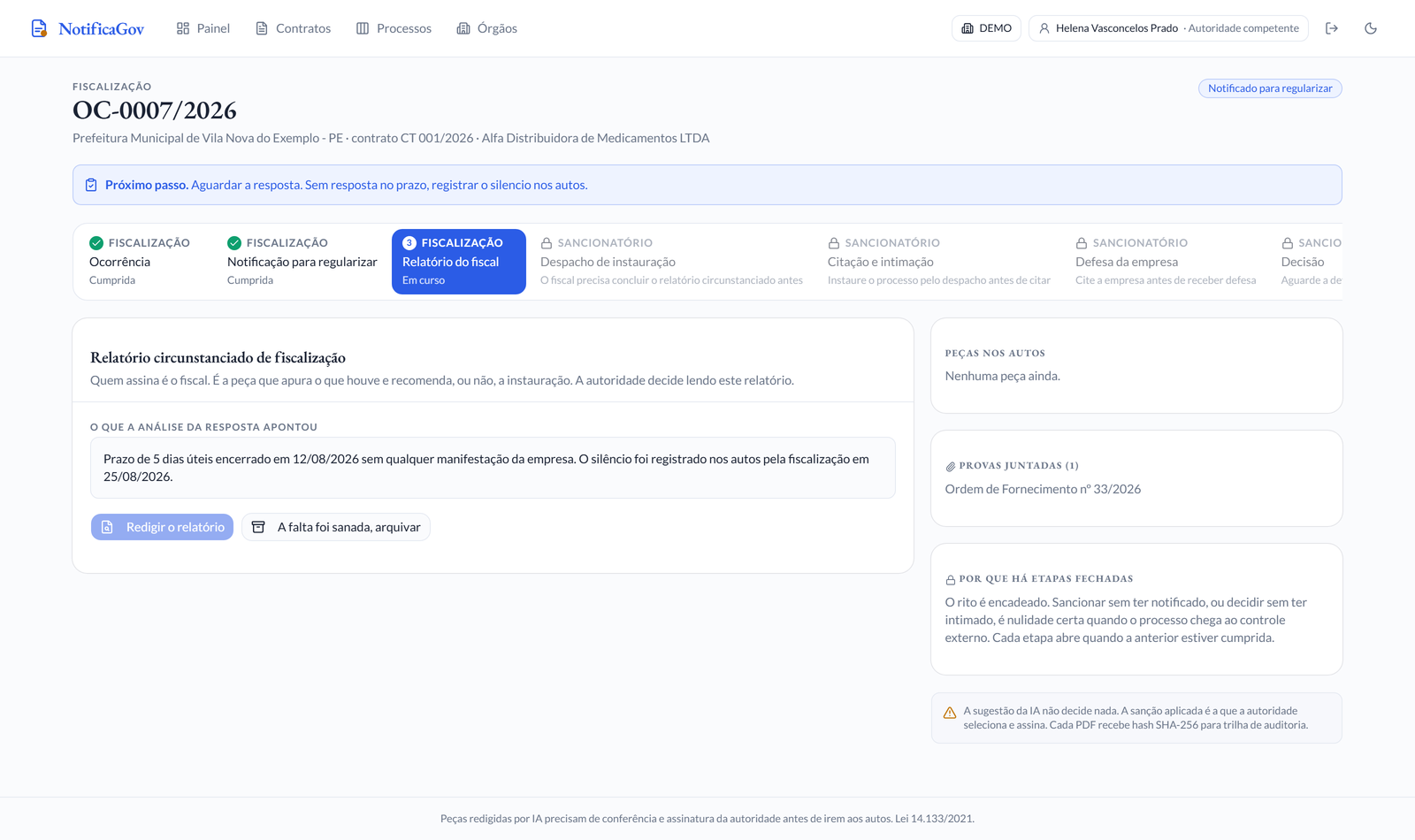 Peça redigida pelo sistema aberta na tela, com o texto completo da notificação e o botão de editar antes de assinar.